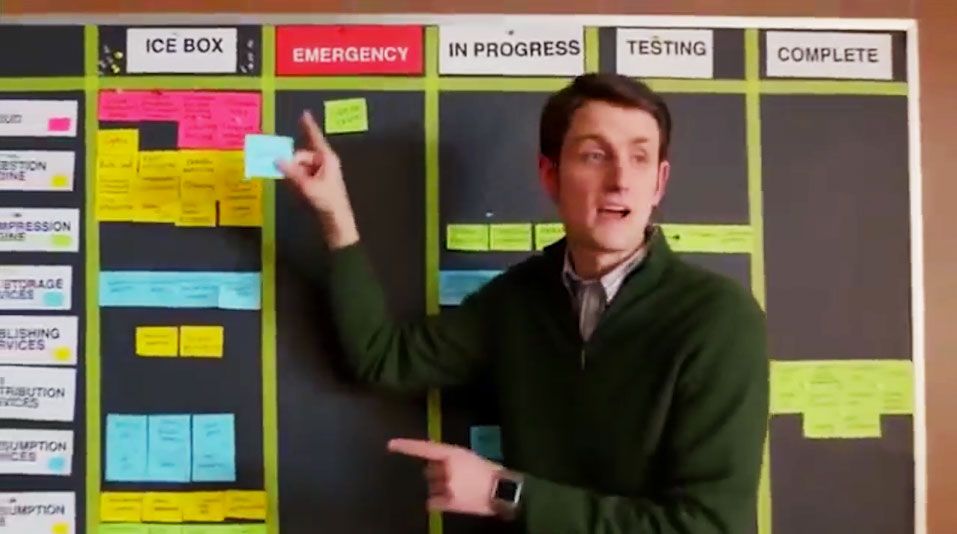 The character Jared from the show Silicon Valley explains a Scrum task board to Pied Piper employees.