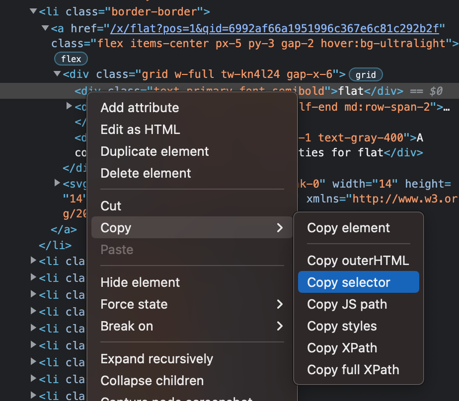 DevTools Copy Selector.